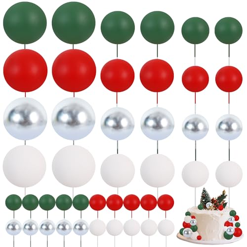 40 Pcs Ball Cake Toppers Red Green White Silver Sticks Foam Balls DIY Cake Topper Insert Balls Cake Decorations for Baking Christmas Party Decorations (40 Count)
