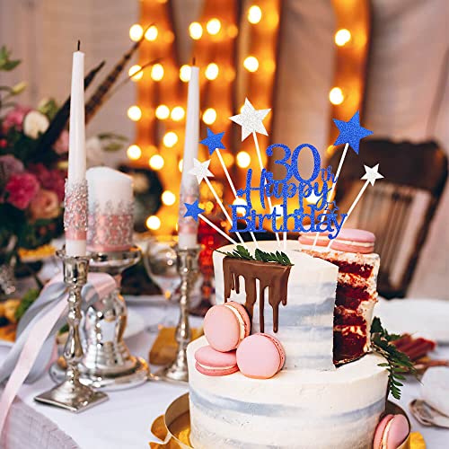 Royal Blue 30th Birthday Cake Topper with Glittery Stars (7 Count)