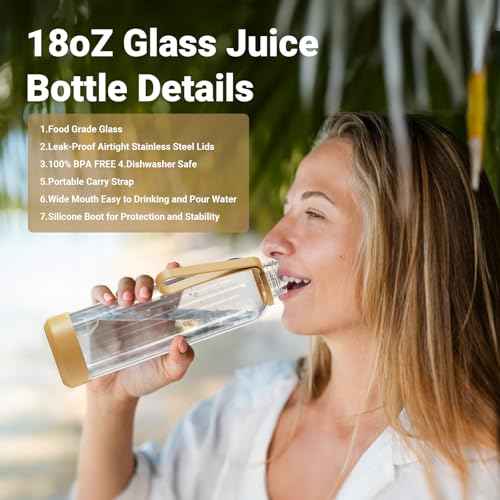 18 oz Glass Water Bottles with Lids (6 Count)
