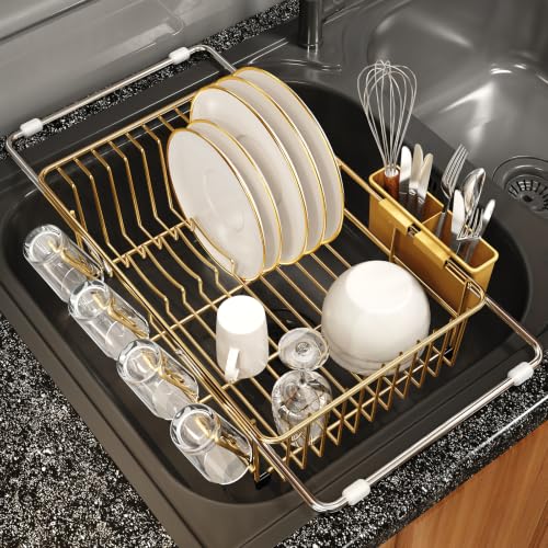 Gold Expandable Dish Drying Rack Over Sink with Anti