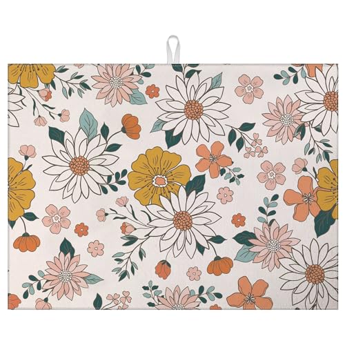 Boho Flower Dish Drying Mat for Kitchen Counter Microfiber Absorbent Dish Kitchen Drying Mat Draining Reusable Washable for Dishes