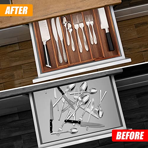 Acacia Silverware Organizer Kitchen Drawer Organizer Expandable Bamboo Utensil Holder Cutlery Tray for Kitchen Utensil and Flatware Bedroom Office