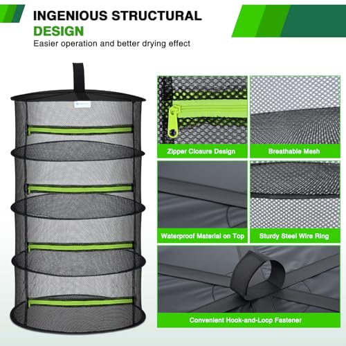 4 Layer Herb Drying Rack Hanging Mesh Net Foldable Plant Drying Racks 24" Diameter with Green Zipper & Hook Dryer Hanging Rack for Herbs Seed Bud Fruit Clothes Grow Tent Closets Garden Outdoor