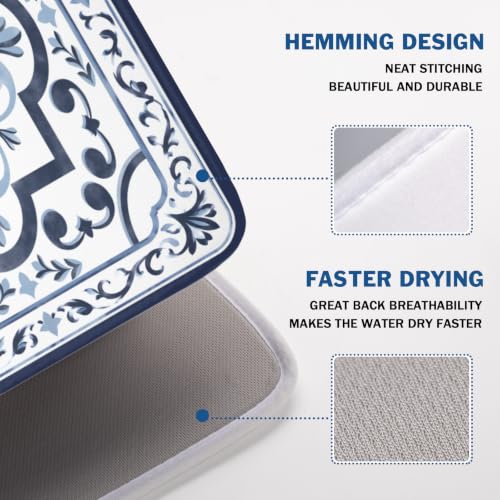 Navy Flower Dish Drying Mat Modern Boho Microfiber Dishes Drainer Pad 18x24 Inch Absorbent Fast Dry Dish Rack Mat for Kitchen Counter Sink