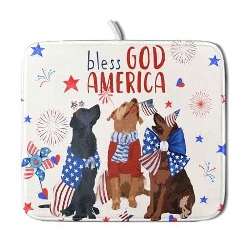 4th of July Patriotic Dogs Dish Drying Mat American Independence Day Dish Dry Pad 16"x18" Absorbent Dishes Drainer Mat for Kitchen Counter