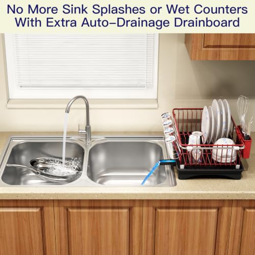 Red Expandable Dish Drying Rack Over Sink with Extra Drainboard