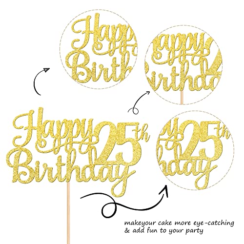 1 PCS Happy 25th Birthday Cake Topper Gold Glitter Cheers to 25 Years Birthday Cake Pick 25 Fabulous Cake Decoration for Happy 25th Birthday Theme Party Decorations Supplies