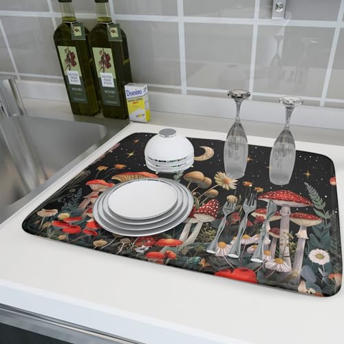 Black Mushroom Dish Drying Mat for Kitchen Counter Leaves Botanical Microfiber Dish Rack Mat Drainer Pad Washable Absorbent Dry Mat 18×24 Inch