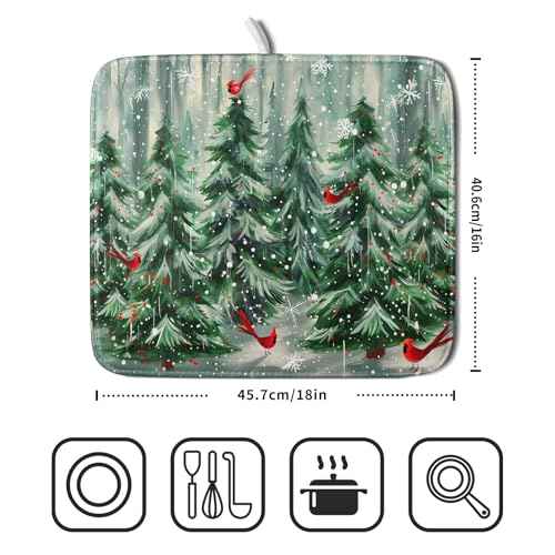 Winter Pine Tree Dish Drying Mat Red Bird Berry Dishes Drainer Mats Absorbent Microfiber Kitchen Counter Protector Drying Mats 16x18 Inch