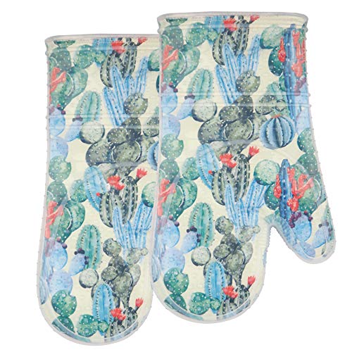 Oven Mitts with Transparent Clear Silicone Shell and Nice Cacturs Flower Printing