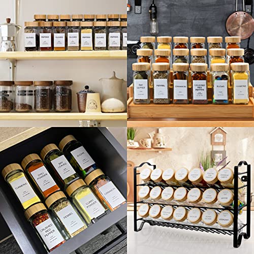 Glass Spice Jars with Bamboo Lid & 398 Label for Cabinet & Drawer Organizer