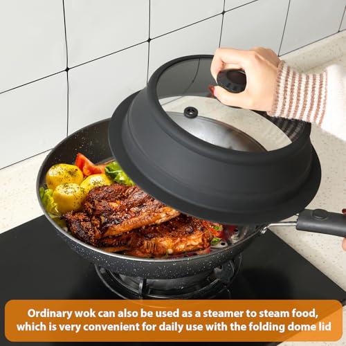 Collapsible Microwave Splatter Lid with Vented Tempered Glass Cover Wok Lid for Microwave Safe