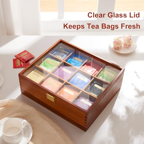 Wood Tea Bag Organizer with Clear Glass Lid (12 Count)