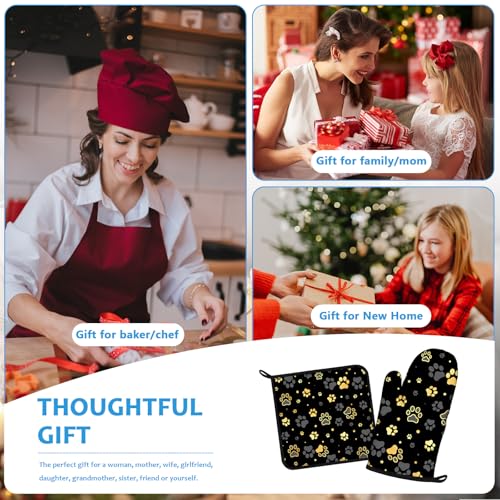 Gold Dog Paw Print Oven Mitts and Pot Holders Sets Heat Resistant 4Pcs Potholders Oven Gloves Hot Pads for Kitchen Baking Cooking Grilling BBQ (4 Count)