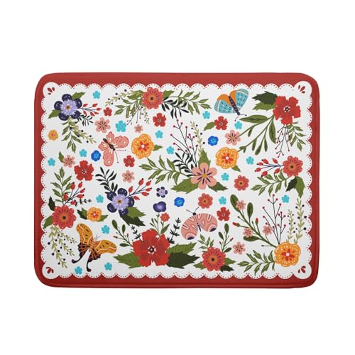 Large Microfiber Dish Drying Mat Red Floral Absorbent Drying Pad for Kitchen Counter