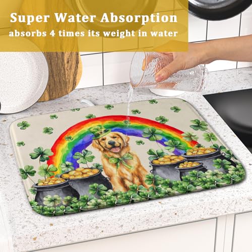 St Patricks Day Drying Mat Samll Lucky Clovers Green Kitchen Decor Counter Mats for Dog Lover