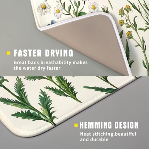 Vintage Wildflowers Dish Drying Pad Daisy Floral Microfiber Drainer Rack for Coffee Bar 16 X 18 Inch