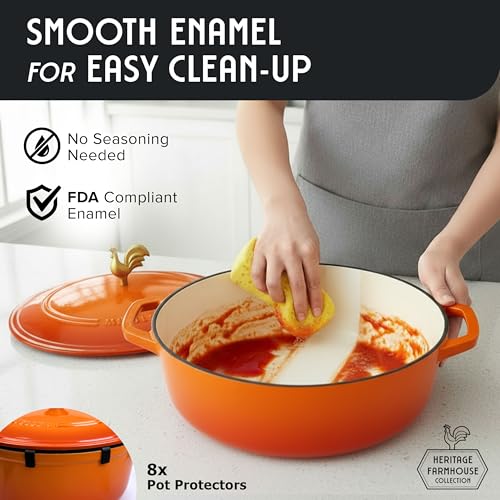 MUELLER HOME 5.5 Quart Enameled Cast Iron Oval Dutch Oven w Rooster Knob & Cotton Potholders