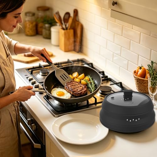 Tall Microwave Splatter Cover Glass Cover Guard Lid 5.8 inch Height with Collapsible Silicone for Food Pot Plate 10.8 inch Black