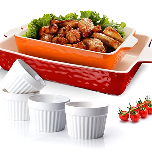 Ceramic Baking Dish and Ramekins Set Casserole Dish with Handles Packaging Upgrade Nonstick Ceramic Bakeware Ramekins Bowls for Baking Souffle
