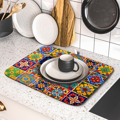 Mexican Tiles Dish Drying Mat for Kitchen Counter Absorbent Microfiber Dish Drying Pad Kitchen Gadgets Multi