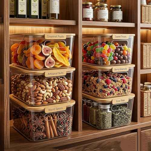 6 Pack Clear Stackable Storage Bins with Bamboo Lids (6 Count)