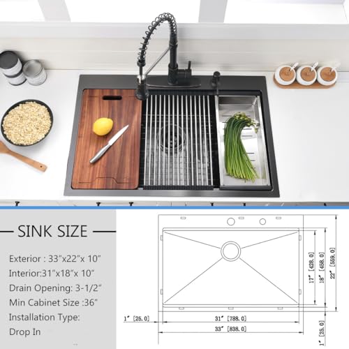33 Inch Black Drop In Kitchen Sink