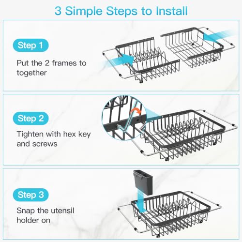 Gray Dish Drying Rack Over the Sink with Utensil Holder