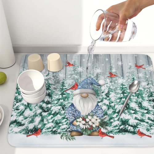 Winter Gnome Dish Drying Mat Pine Tree Dishes Pad 18"x24" Microfiber Absorbent Fast Dry Drainer Rack Mats Protector for Kitchen Countertop