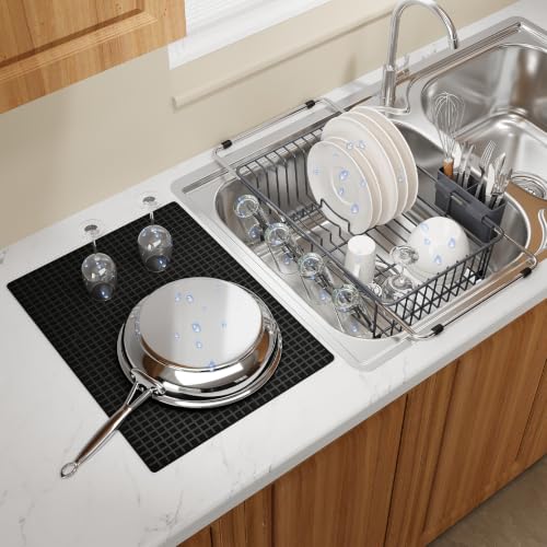 Grey Expandable Dish Drying Rack Over Sink with Extra Drying Mat