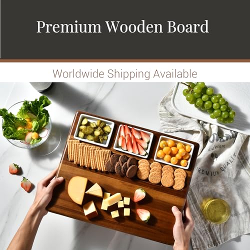 Large Acacia Wood Charcuterie Board Set with 3 Removable Ceramic Bowls & Serving Utensils