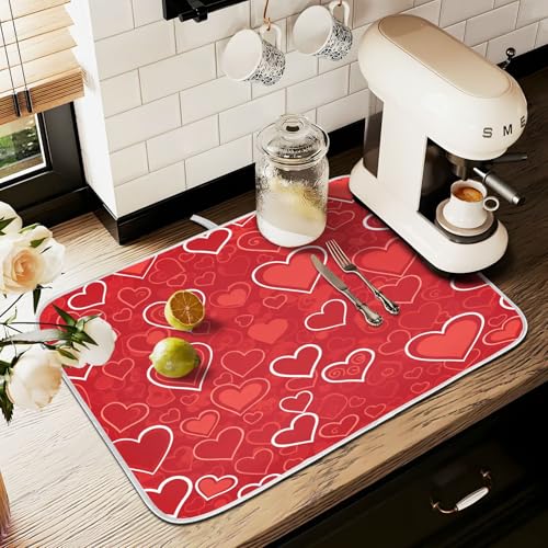 Red Hearts Cute Dish Drying Mat for Kitchen Counter Absorbent Microfiber Small Drying Pad Dish Mats for Kitchen Countertops 16 x 18 Inch