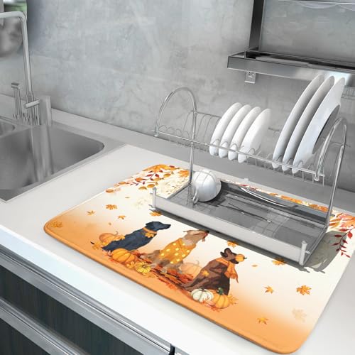 Fall Dogs Dish Drying Mat Autumn Leaves Reusable Dishes Pad 18"x24" Holiday Microfiber Quick Dry Dish Drainer Rack Mat for Kitchen Counter