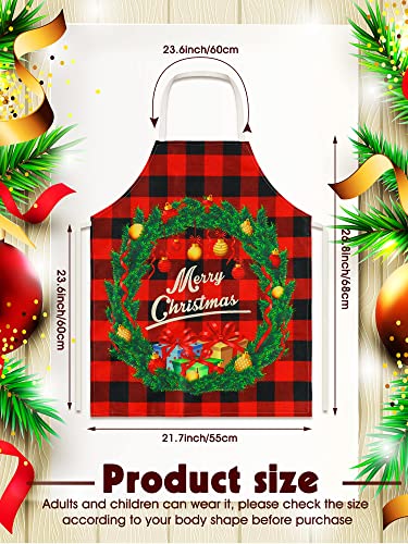 4 Pcs 21.7" x 26.8" Christmas Aprons Adjustable Kitchen Aprons Xmas Plaid Merry Christmas Bib for Adults (4 Count)