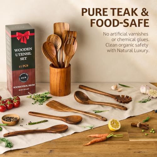 11 Piece Teak Wood Cooking Utensil Set with Holder (11 Count)