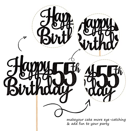 1 PCS Happy 55th Birthday Cake Topper Glitter Cheers to 55 Years Birthday Cake Pick 55 Fabulous Cake Decoration for Happy 55th Birthday Theme Party Decorations Supplies Black