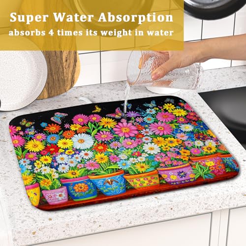 Colorful Floral Dish Drying Mat 16 X 18 Black Spring Flowers Absorbent Microfiber Kitchen Decor Counter Mats
