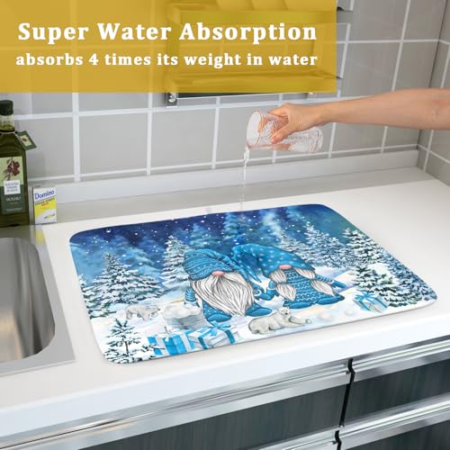 Winter Blue Gnome Dish Drying Mat for Kitchen Counter Pine Tree Microfiber Dish Pad Absorbent Reversible Fast Dry Draining Mats 18x24 Inch