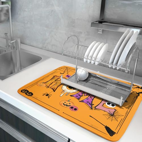 Orange Halloween Dish Drying Mat for Kitchen Counter Home Decor Pad