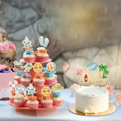 37Pcs Summer Beach Pool Cupcake Toppers Glitter Beach Happy Birthday Cake Topper Ball Sun Umbrella Water Gun Cupcake Picks for Tropical Hawaii Theme Birthday Party Decorations Supplies Gold (37 Count)