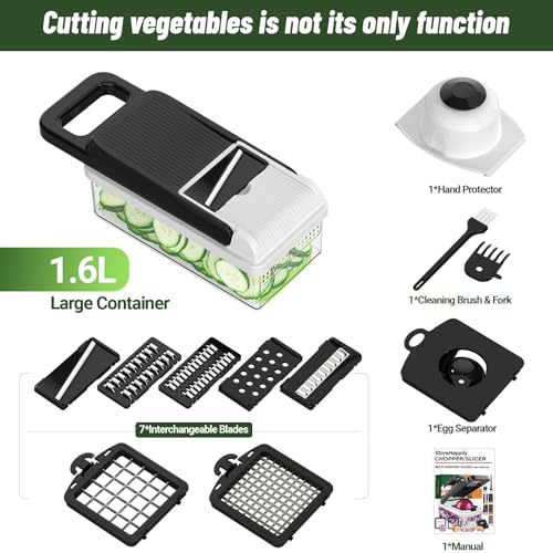 12-in-1 Vegetable Chopper 7 Blades, Veggie Cutter with Handle, Black/White