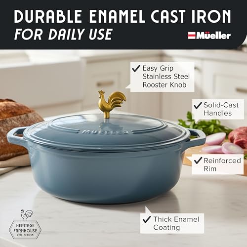 MUELLER HOME 5.5 Quart Enameled Cast Iron Oval Dutch Oven w Rooster Knob & Cotton Potholders