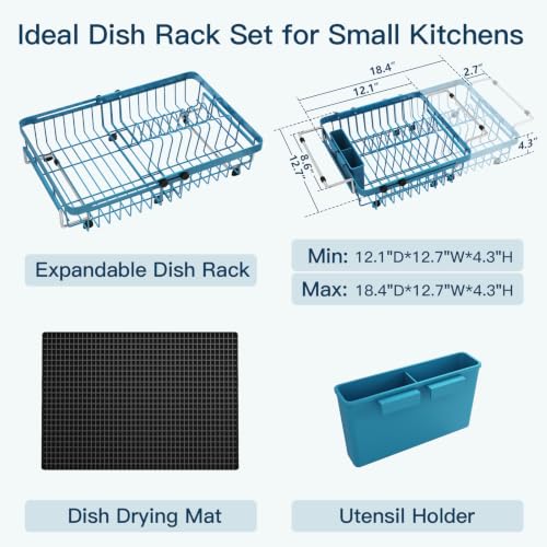 Blue Expandable Dish Drying Rack Over Sink with Extra Drying Mat