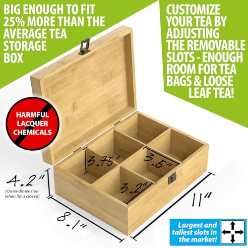 Tea Organizer Box Food Safe Chemical Free Bamboo Wood Storage Chest Big