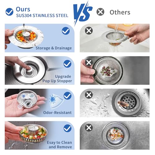 3-in-1 Kitchen Sink Drain Strainer and All-Purpose Scrub Sponges, Sink Stopper Pop-Up Drain Plug with Anti-Clogging Food Catcher Basket, Fits US Standard 3-1/2 Inch Sinks,Sponge Cleaning Dish