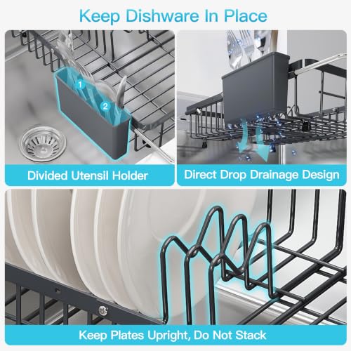 Gray Dish Drying Rack Over the Sink with Utensil Holder