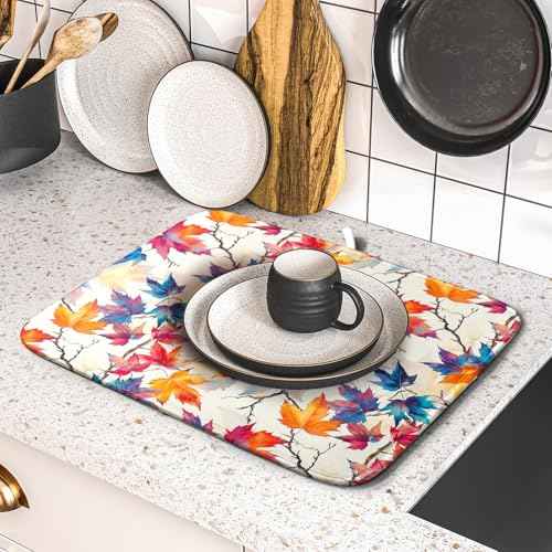 Maple Leaf Dish Drying Mat Fall Autumn Colorful Leaves Absorbent Dish Drain Mats for Holiday Season Kitchen Decoration