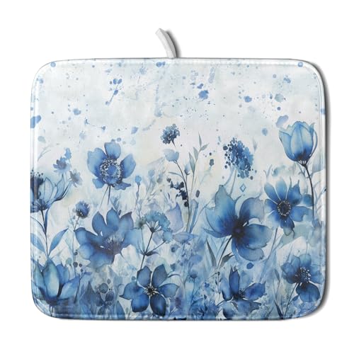 Blue Floral Dish Drying Mat for Kitchen Counter Watercolor Leaves Dishes Drainer Rack Mat Absorbent Microfiber Dish Draining Pad 16x18 Inch