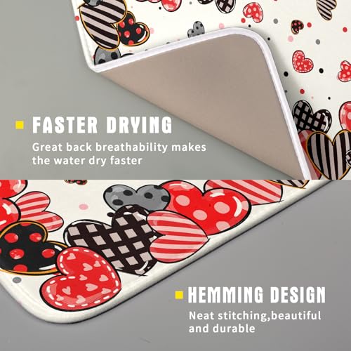 Red Heart Dish Drying Mat 16"x18" Love Dots Microfiber Dish Drainer Rack Mat Holiday Absorbent Fast Dry Pad for Kitchen Counter Home Decor