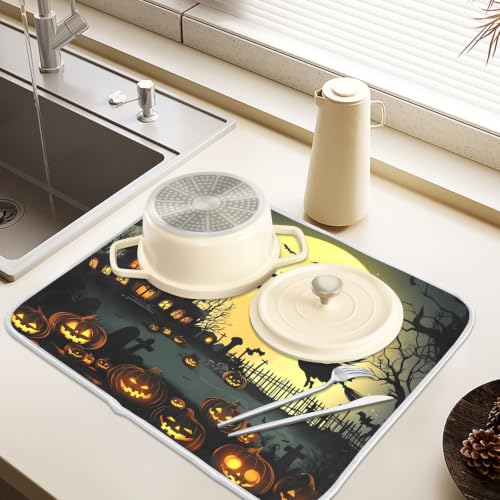 Halloween Night Pumpkins Witch Dish Drying Mat for Kitchen Counter Absorbent Microfiber Large Drying Pad Dish mats for Kitchen Countertops 18 x 24 Inch